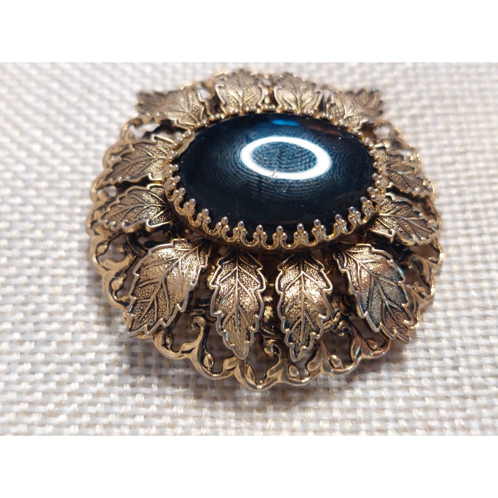 Black Cabochon Brooch Pendant Convertible Pin Faux Onyx Leaf Vintage Gold Tone - Picture 5 of 9